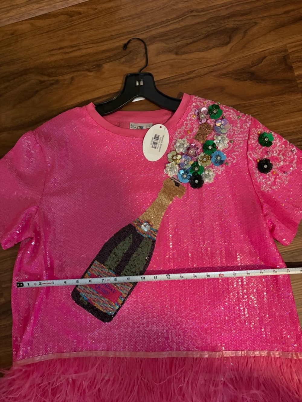 QUEEN OF SPARKLES Hot Pink Sequin Mini Dress with Multicolor Embellished Bottle - Picture 5 of 6